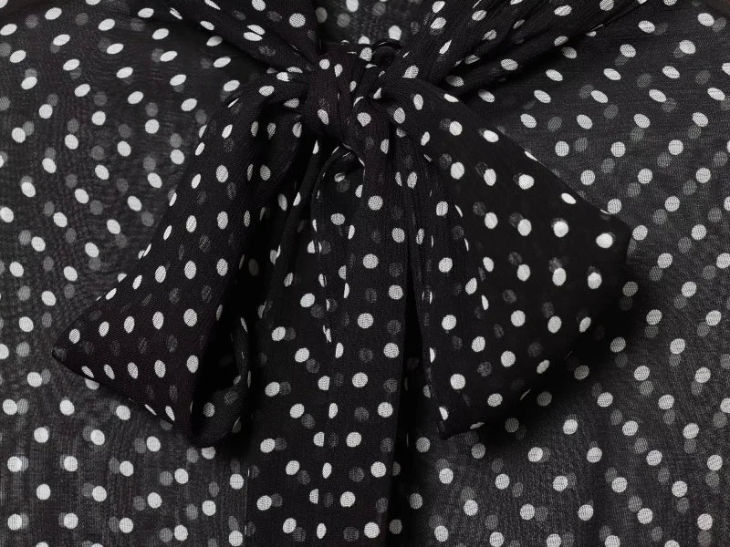 ETJ Women's Polka Dot Blouse Skirt Set 2026 Spring High Neck Batwing Sleeve Sheer Front Tie Bow Midi A-Line Dress Set