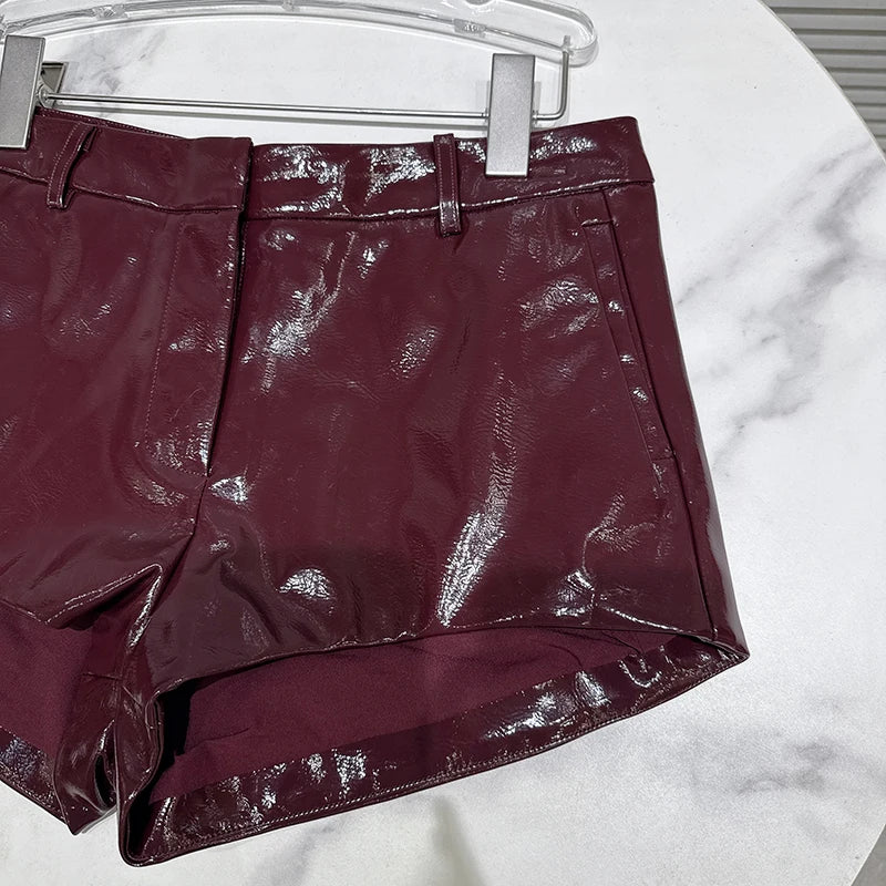 DEAT 2025 Autumn New Fashion Slim Fit Backless Lace One-Piece Camisole For Women Solid Color PU Leather Shorts Female 11A07083