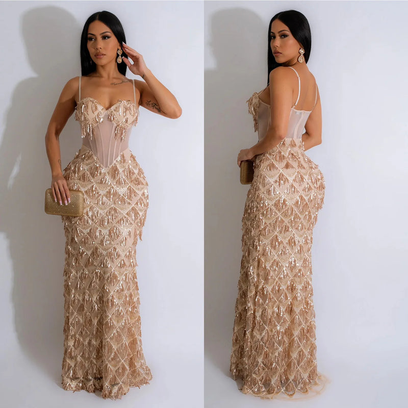 Women Sling Dress Floor Length Dresses Sequin Mesh Party Slim Bodycon Sheath Mesh Drilling Elegant Gown Sexy Vestidos 2024