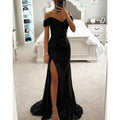 Women New Party Sequins Strapless Split Dress Casual Fashion Dress Solid Color High Waist Floor Length