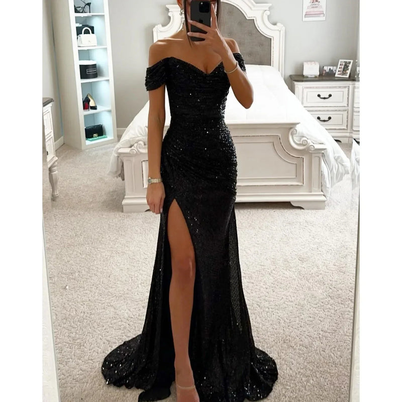 Women New Party Sequins Strapless Split Dress Casual Fashion Dress Solid Color High Waist Floor Length