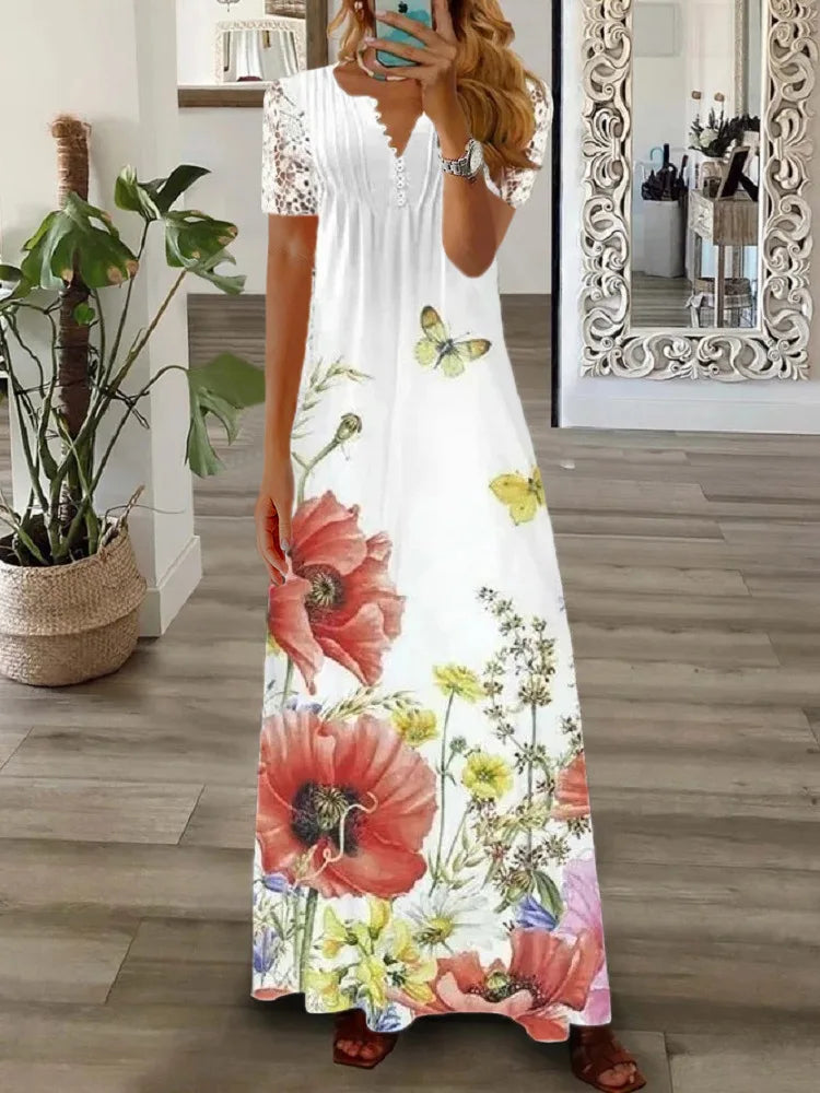 Spring Summer Women's New Fashionable Printed V-neck Sexy Lace Lace Patchwork Single Breasted Long Casual Comfortable Dress