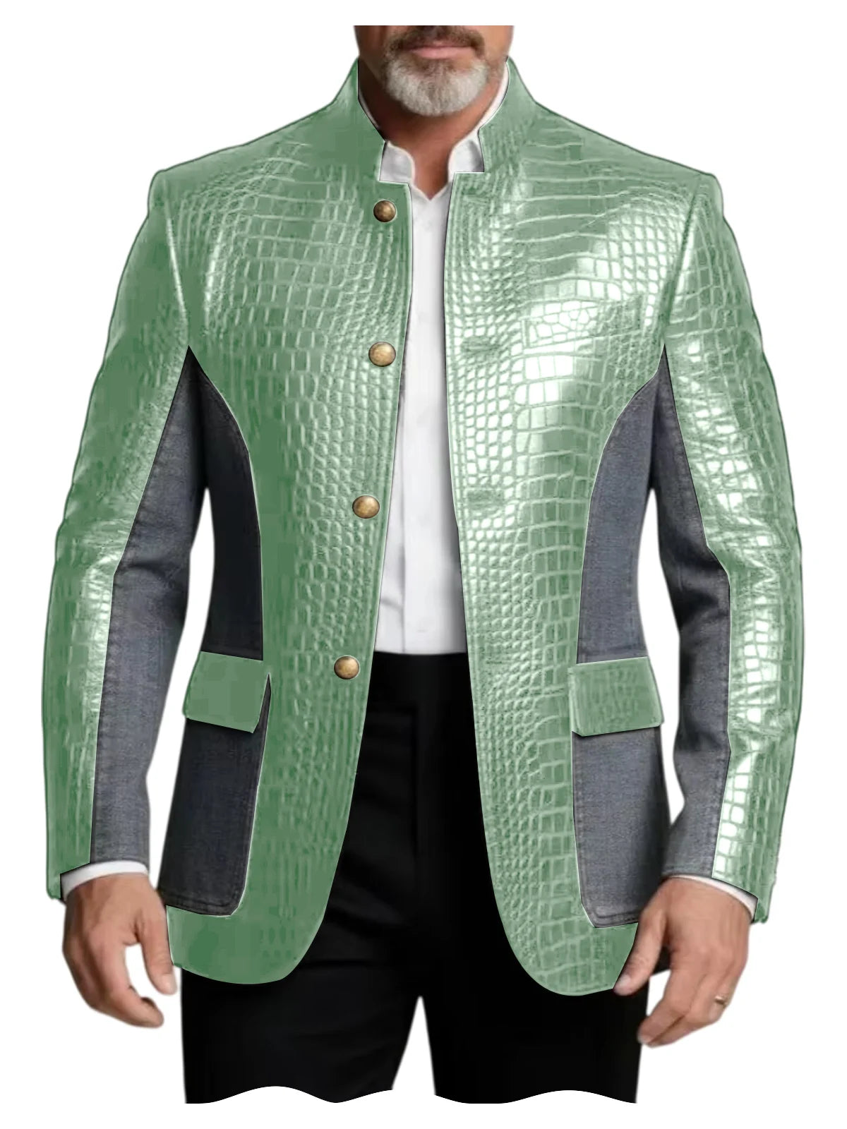 Men's Crocodile Embossed Leather Brown Jacket Patchwork Denim Stand Collar Slim Fit Luxury PU Blazer For Business Casual Party