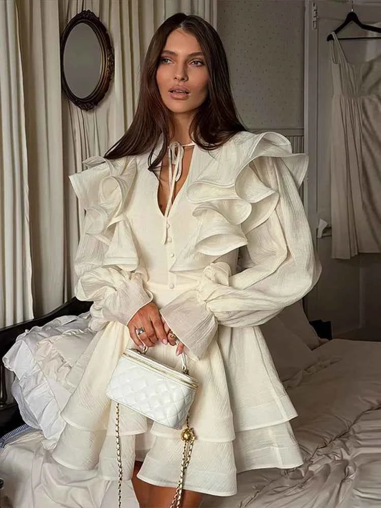 Solid Ruffle Mini Dress U Neck Long Puff Sleeve Tie Neck Tiered Hem Sweet Style Gown Soft Pastel Tones Fashion Chic Women Outfit