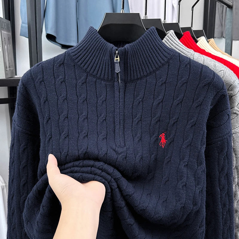 Heshi Brand Fashion American 2025 Vintage Stand Collar Zipper Embroidery Sweater Fried Dough Twists 3D Autumn Winter Knitwear
