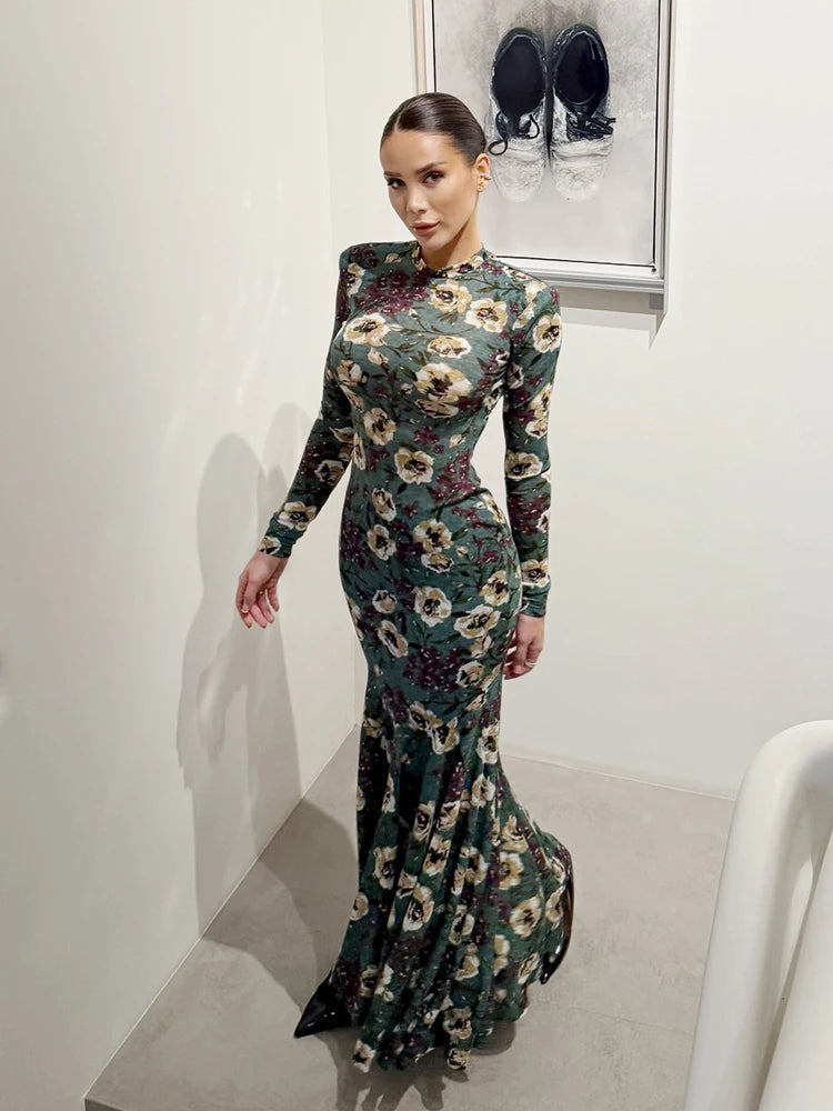 Kliou Flower Print Maxi Dress Woman o-Neck Full Sleeve Skinny High Waist Robe Street Casual Elegant Style Basic Long Bodycon
