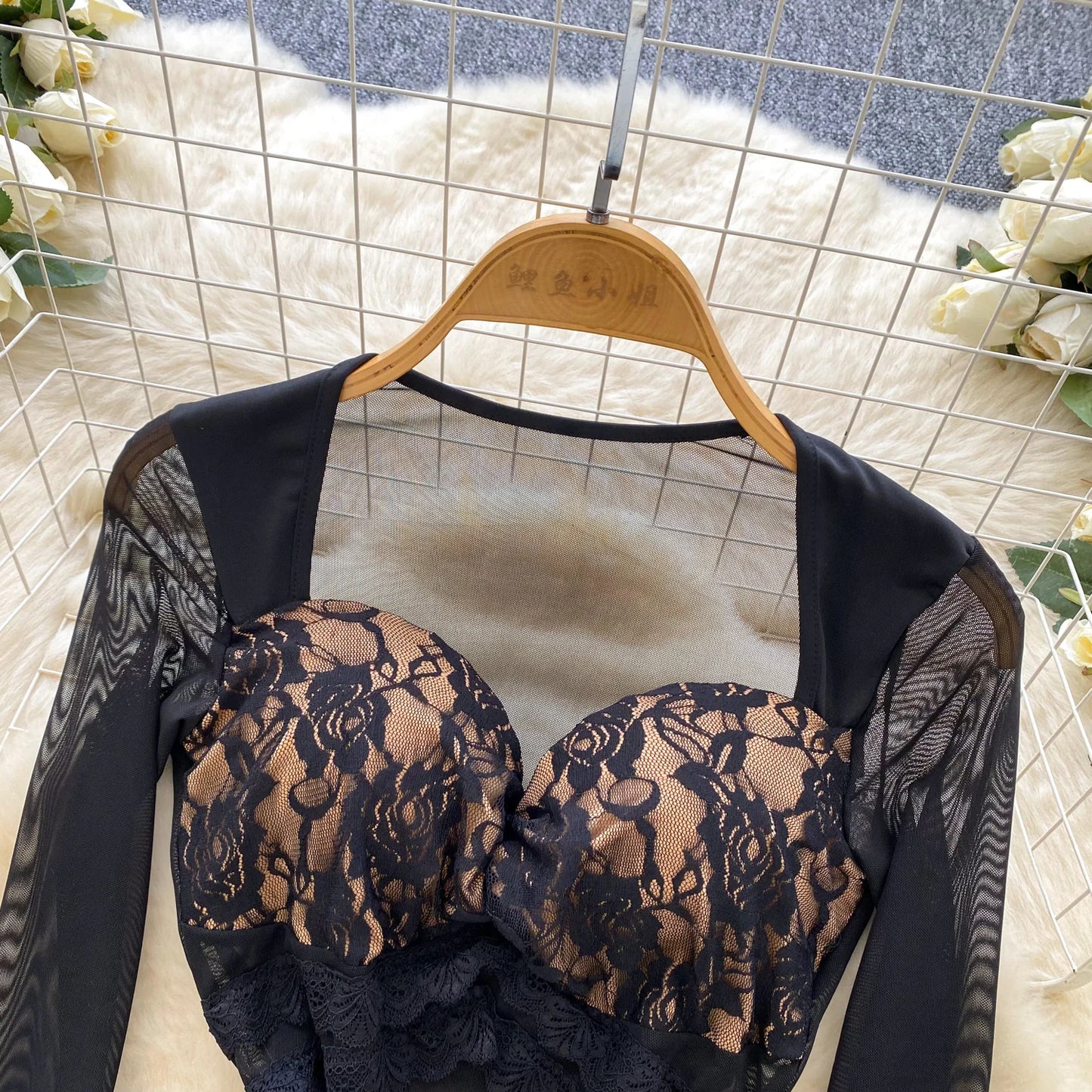 SINGREINY Sexy Floral Lace Suit Mesh Sheer Slim Bodysuit+Ruffles Mini Mermaid Skirt Ladies Retro Luxury Ball Party 2 Pieces Sets