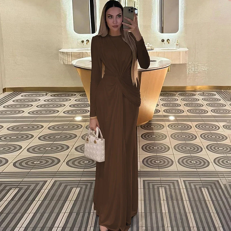 Ladies Autumn Elegant Evening Party Dress Women Long Sleeve O-Neck Ruched Fashion Maxi Dresses Night Club Streetwear Fall Outfit