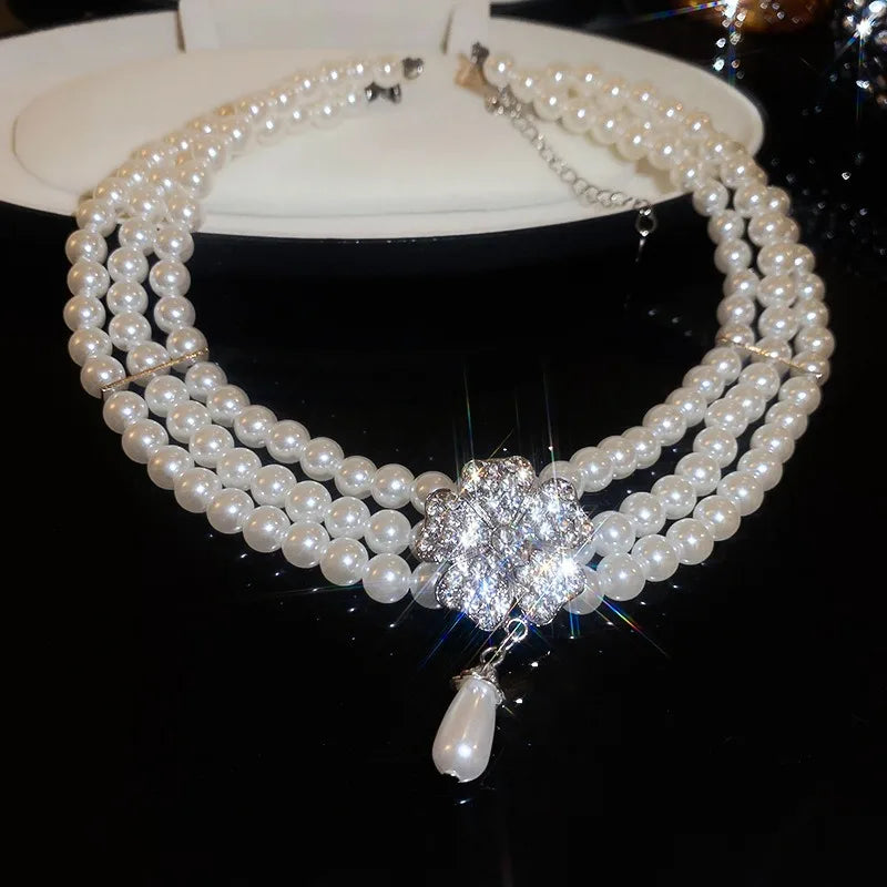 Flower Party Necklaces Women French Luxury Imitation Pearl Multi-layer Necklaces Bracelet Earrings Rhinestone Jewelry Sets K-