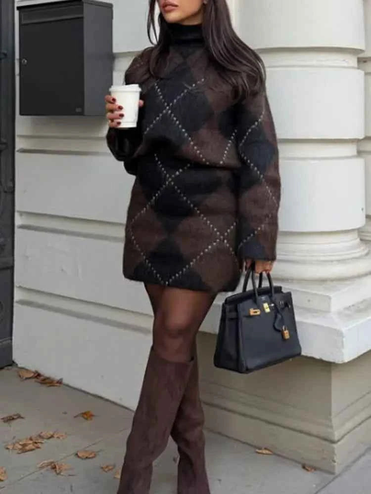 NLZGMSJ Women Knitted Sets 2025 Autumn Winter Wrist Sleeve Slim Plaid Sweater Cardigan Jacket Crop Top Mini Skirt Suits