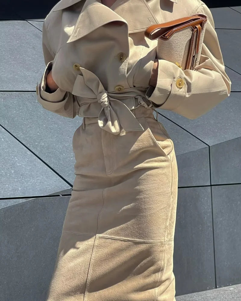 ETJ 2025 new  women's British wind trench coat style double-breasted long sleeve belt lapel jacket short coat
