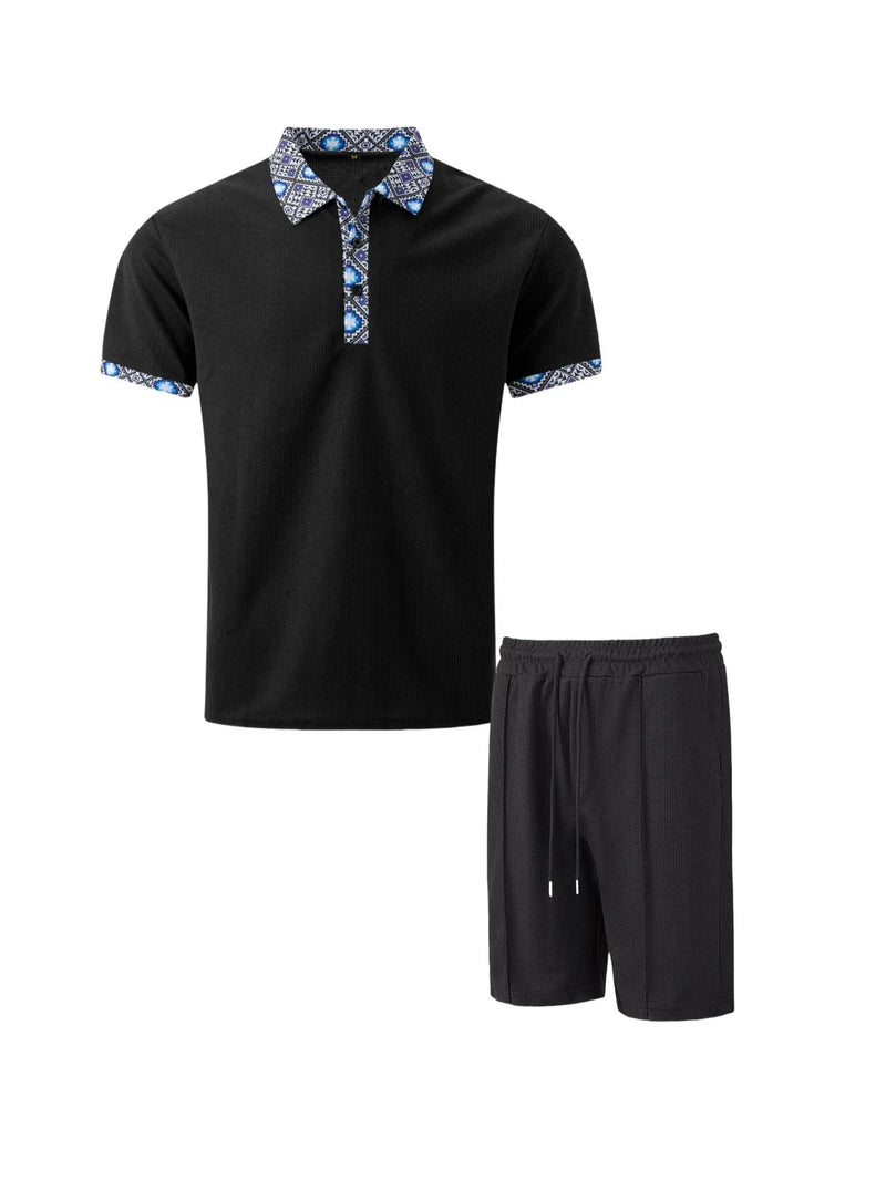 Conjuntos homens Waffle cor sólida zíper lapela manga curta terno shorts dois