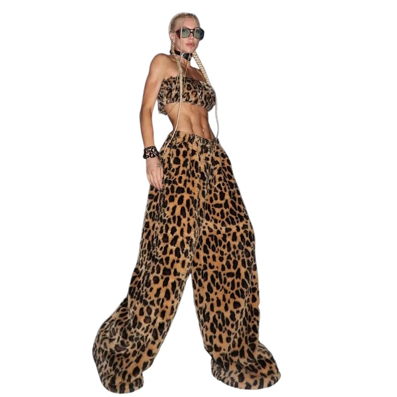 Kliou Fashion Furry 2 Piece Set Woman Leopard Print Chest Wrap Tank Tops+Straight Long Pant Hot Girls Street Hip-Hop Style Suits