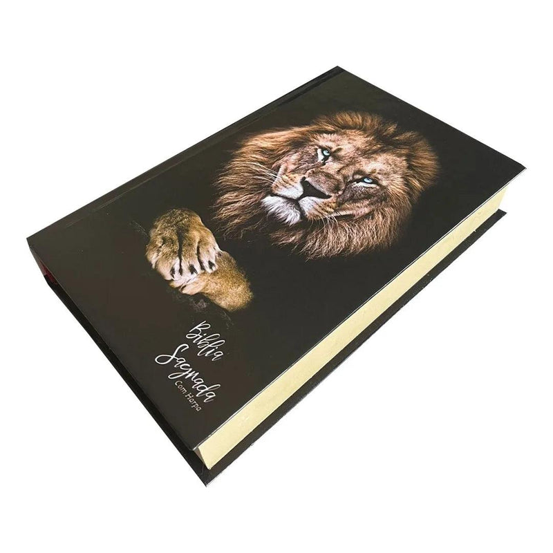 Biblia Holy Lion Gold-Palavra de Jesus em capa dura vermelha com harpa - CRAVO ROSE