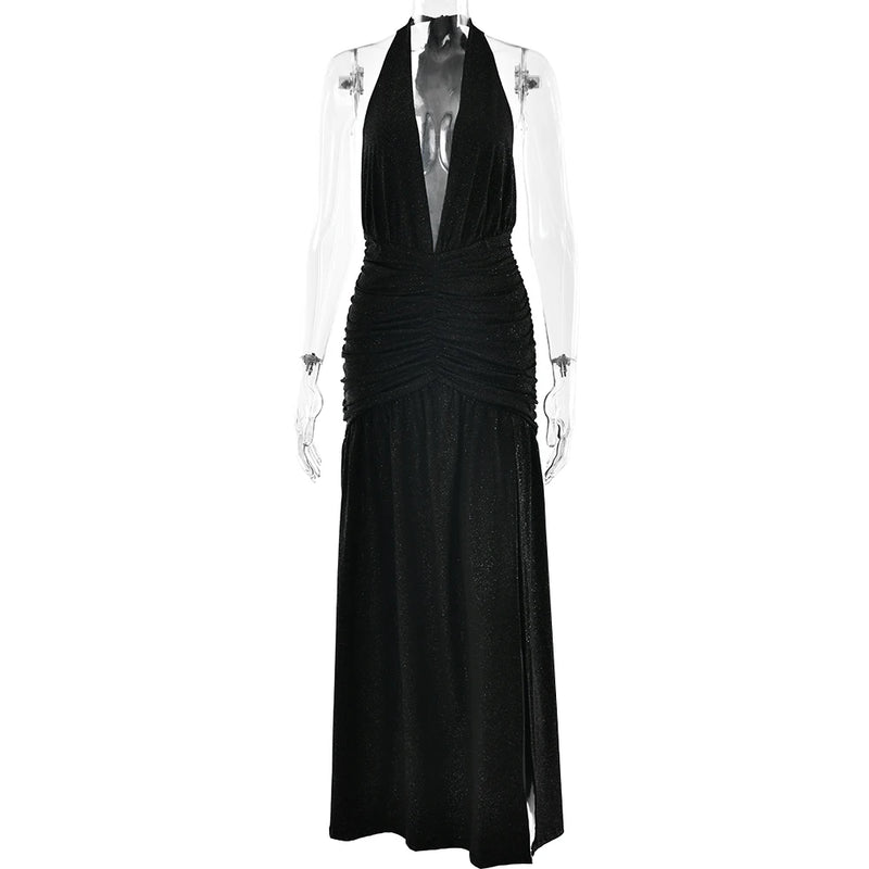 JULISSA MO Glitter Bright Silk Deep V-neck Women Maxi Dress Khaki High Slit Halter Dress Spring Slim Elegant Party Evening Dress