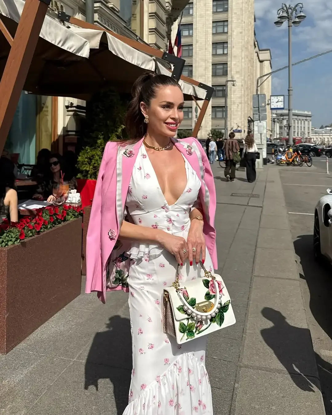 Women White Floral Print Maxi Dress V Neck Puff Sleeve Peplum Waist Fishtail Hem Chiffon Robe Elegant Party Wedding Guest Gown