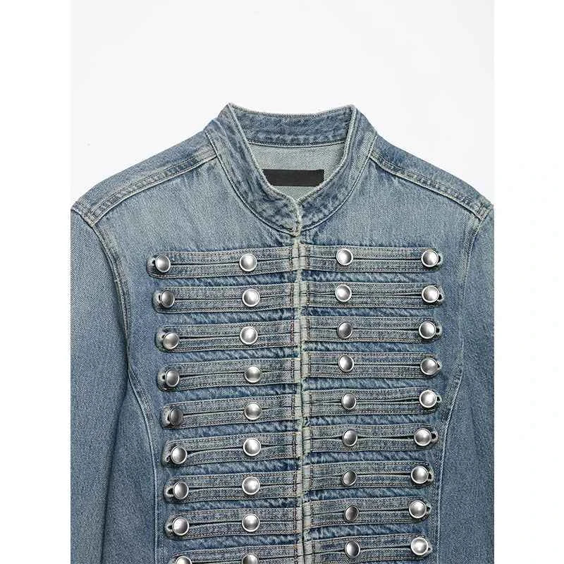 YENKYE Women's Cropped Denim Jacket Front Button Frayed Hem Stand Collar Streetwear Coat