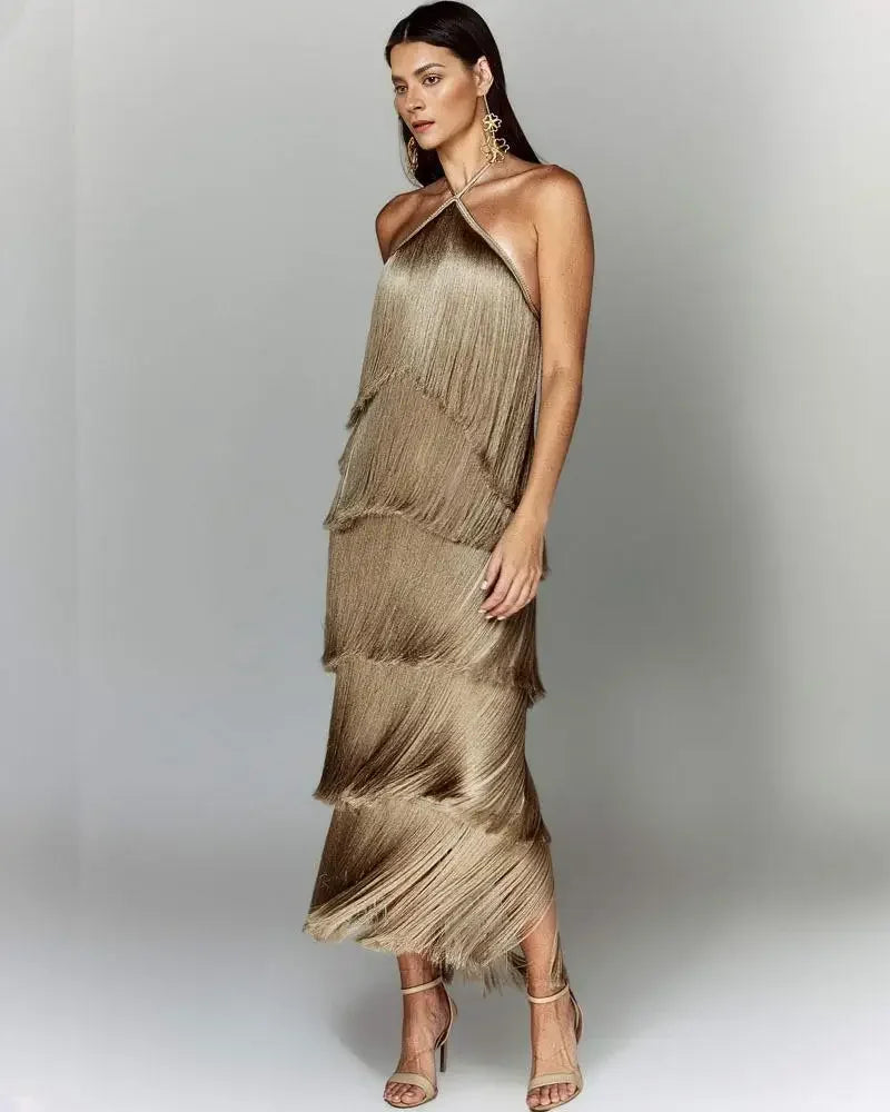 Fashion Neck Fringed Backless Slit Dress for Women