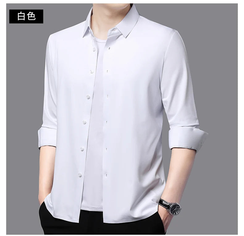 Camisa masculina premium ultraelástica - Camisa formal de manga comprida de seda de alta qualidade para uso social e casual