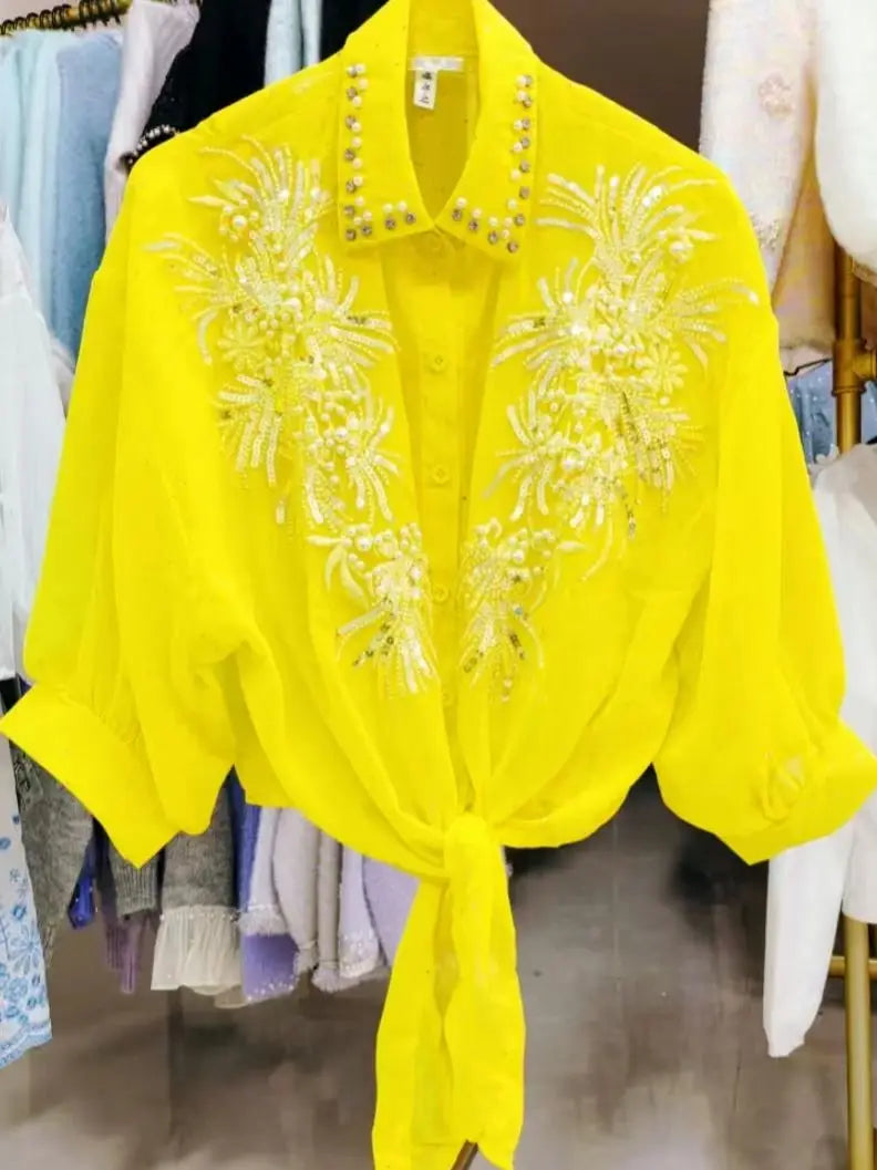 High-end Sequines Pearls Beaded Stitch Sunscreen Blouses Shirts for Women Cardigans Spring Summer Top Korean Popular Clothes