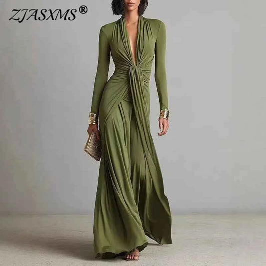 Women's Elegant Deep V Neck Maxi Dress Spring Twist Knot Ruched Floor-Length Evening Gown Autumn New Long Sleeve Slim Boho Dress