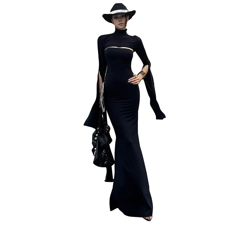 Nibber Fashion Chic 2-Piece Set Women Strapless Split Maxi Dress+Super Short Half-Sleeve Turtleneck Top Matching Elegant Outfits