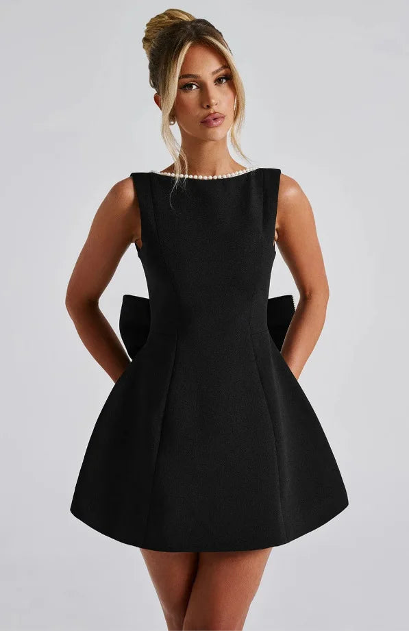Elegant Pearl Bow Backless Short Dress Women's Sleeveless Party Cute Mini Dresses Black White Pink Chic Birthday Evening Y2K New