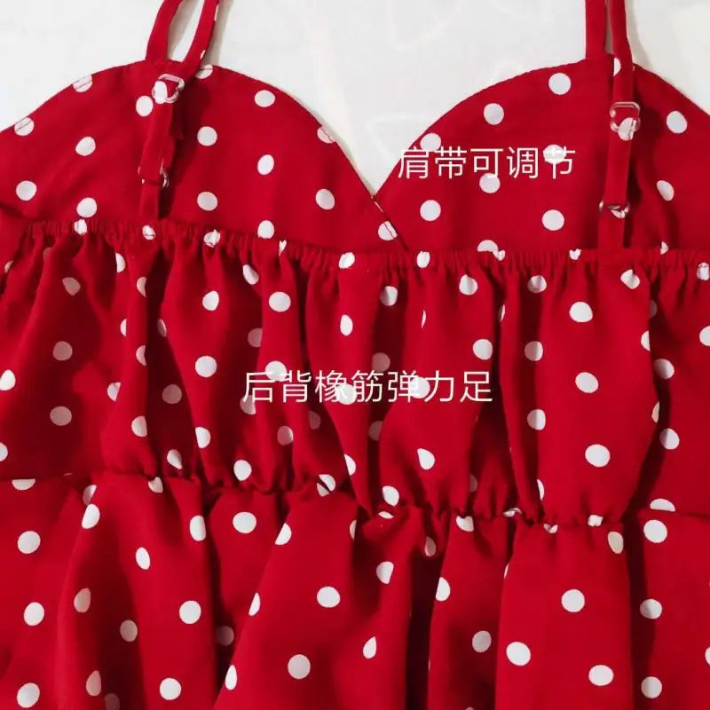 Red Polka Dot Print Chiffon Short V-Neck Sleeveless Sexy Pullover Women's Blouse Shirt Korean Fashion Female Clothing Tops 2024