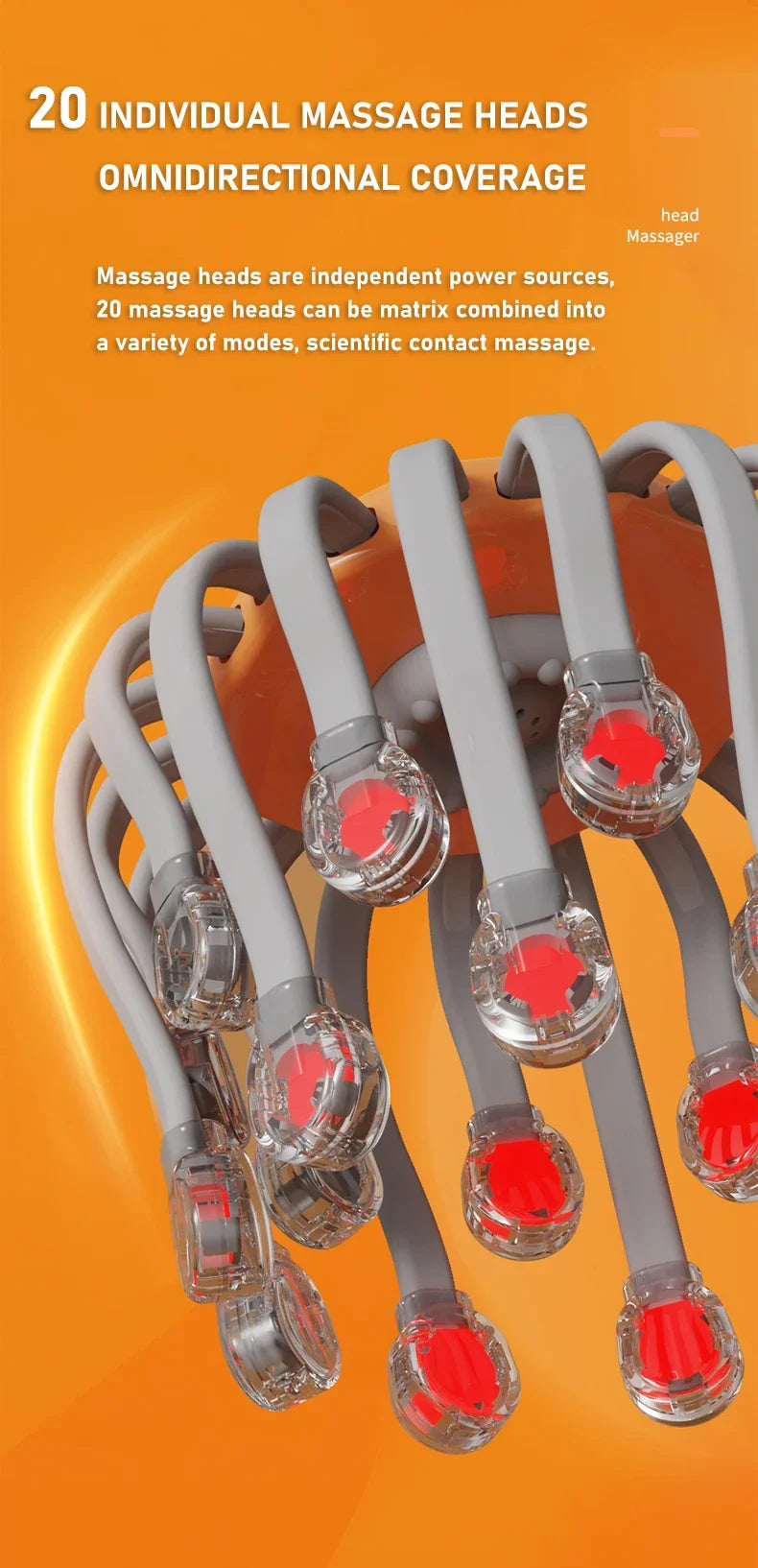 20 Cabeças de Massagem Massageador de Couro Cabeludo Laranja Vibrador de Luz Vermelha Polvo Arranhador para Relaxamento Estresse Enxaqueca