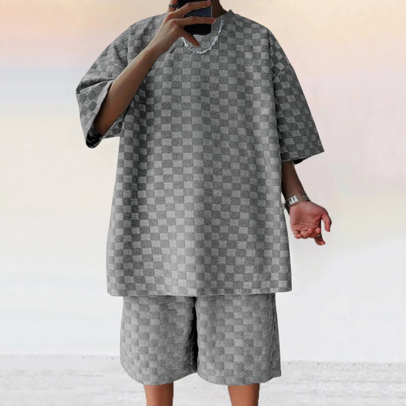 Conjunto de shorts casuais de perna reta e tamanho grande, camiseta xadrez jacquard de manga curta para homens, verão 2025