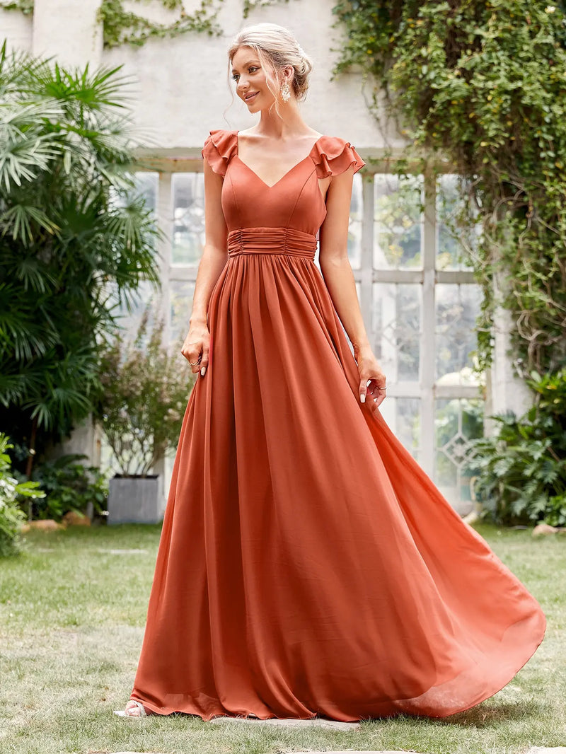 Vestido de noite longo com decote em V, manga curta, babados, renda, vestido de baile, vestido de festa, vestido de madrinha