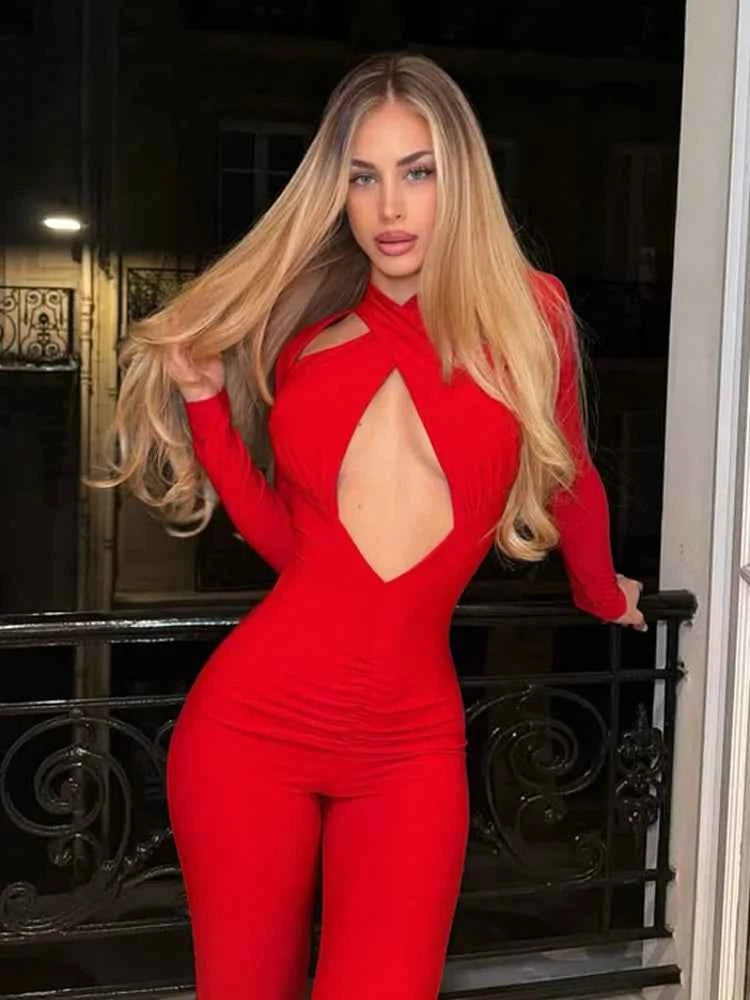 CNYISHE Cut Out Solid Halter Long Sleeve Sheath Women Jumpsuits Fashion Chic Casual Female Tompers Sexy Club Streetwear Outfits