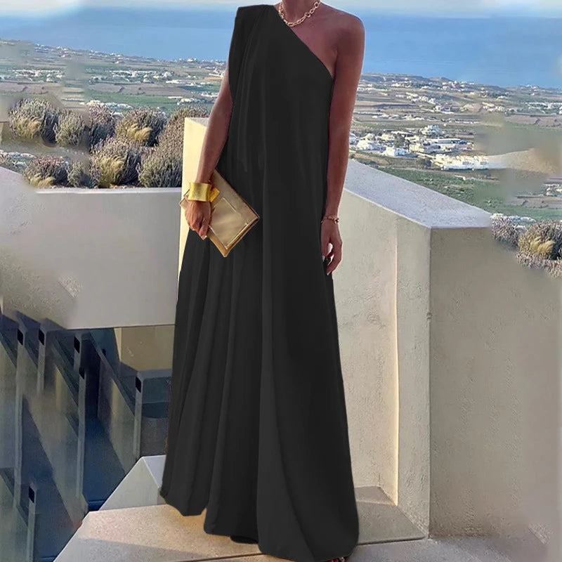 Vestido de festa de verão sem mangas, moda praia, cor sólida, um ombro, solto, temperamento feminino, gola inclinada