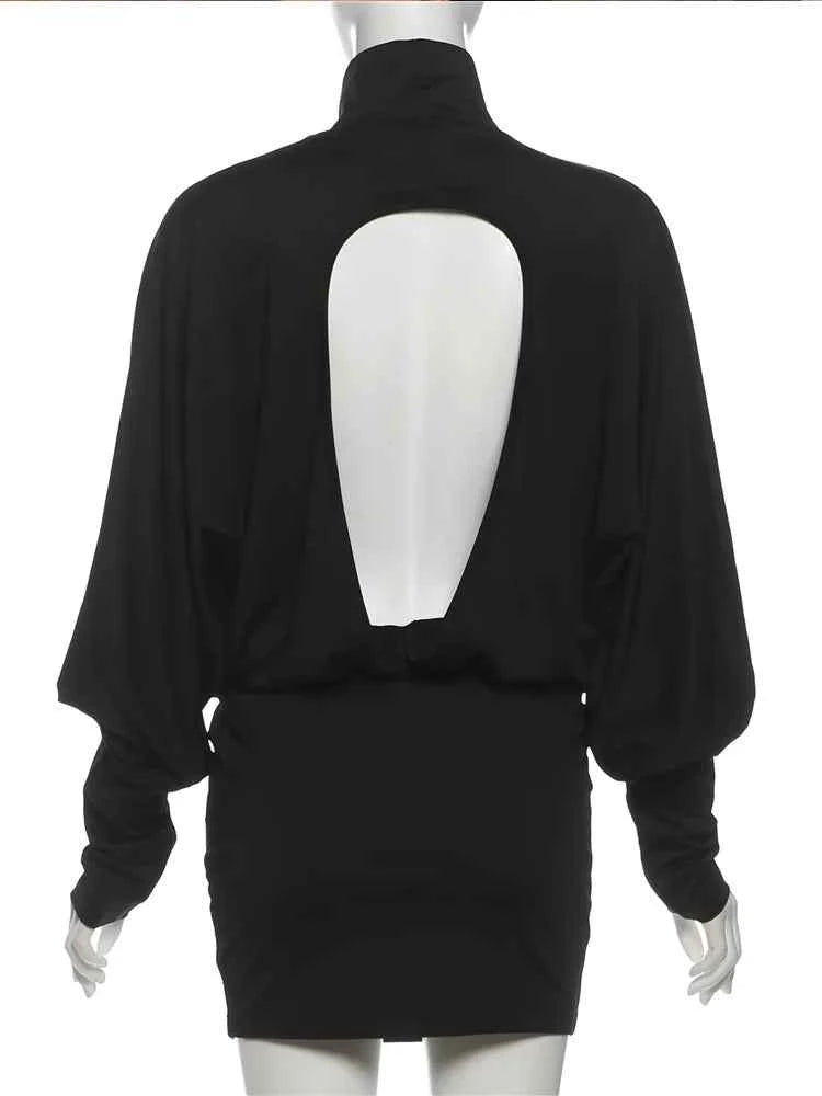 Nibber Backless Dress Women Turtleneck Lantern Sleeve Solid High Elasticity Sexy Simple Classic Street Prom Party Mini Bodycon