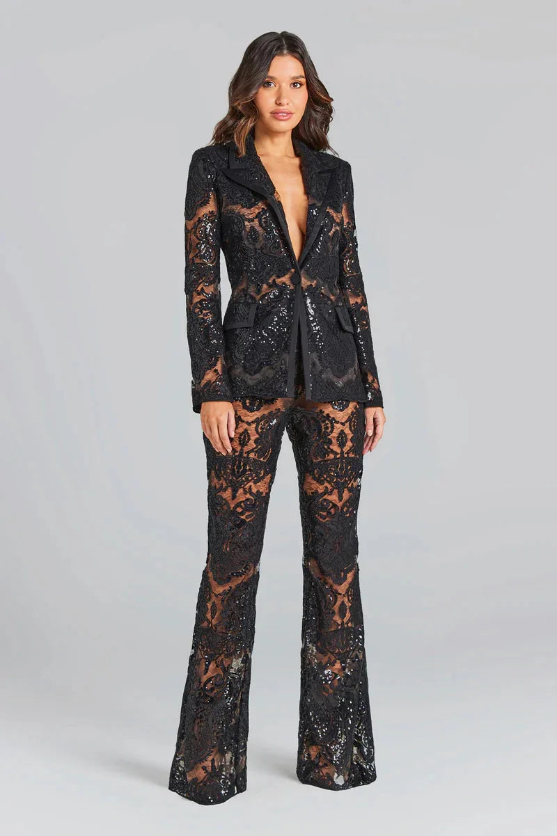 HIGH STREET Newest 2026 Designer Runway Suit Set Women's Single Button Guipure Lace Blazer  Flare Pants Set