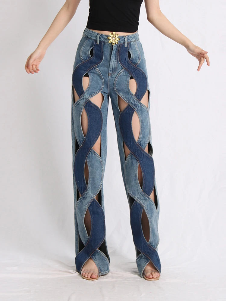 TWOTWINSTYLE Calça jeans feminina com zíper e patchwork, cintura alta, vazada, casual, perna larga, roupa feminina, nova moda