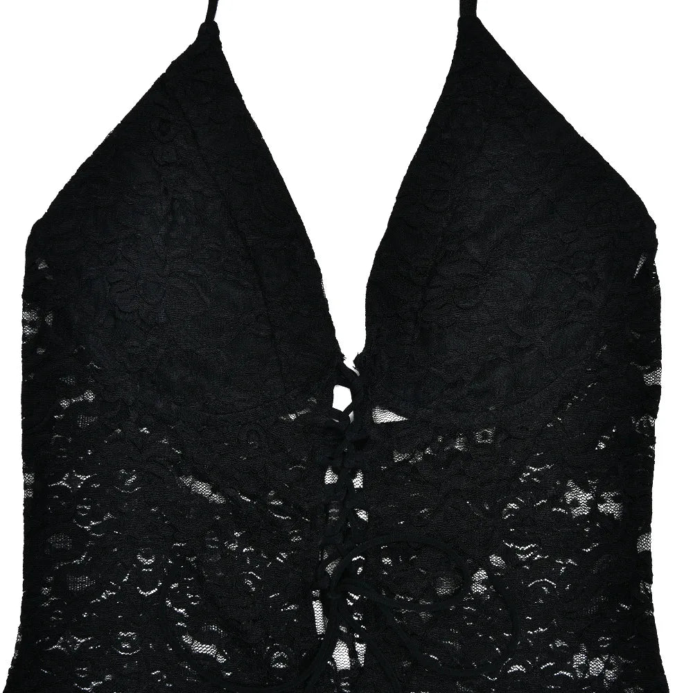 Women's New Sexy Fashion Hollow-Out Lace See-Through Backless Halter Slim Jumpsuit