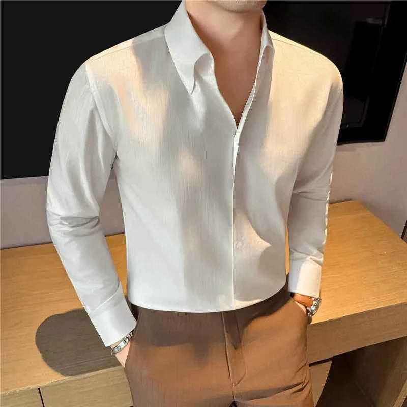 2026 Spring Fashion Big Collar Design Long Sleeved Shirt High Quality Men's Business Slim Fit Social Tuxedo Cotton Shirts