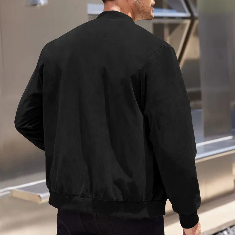 Men's Business Casual Suede Jacket Zipper Collar Warm Sporty Outerwear Polyester Fabric Long Sleeve round Hem Knitted Sleeve