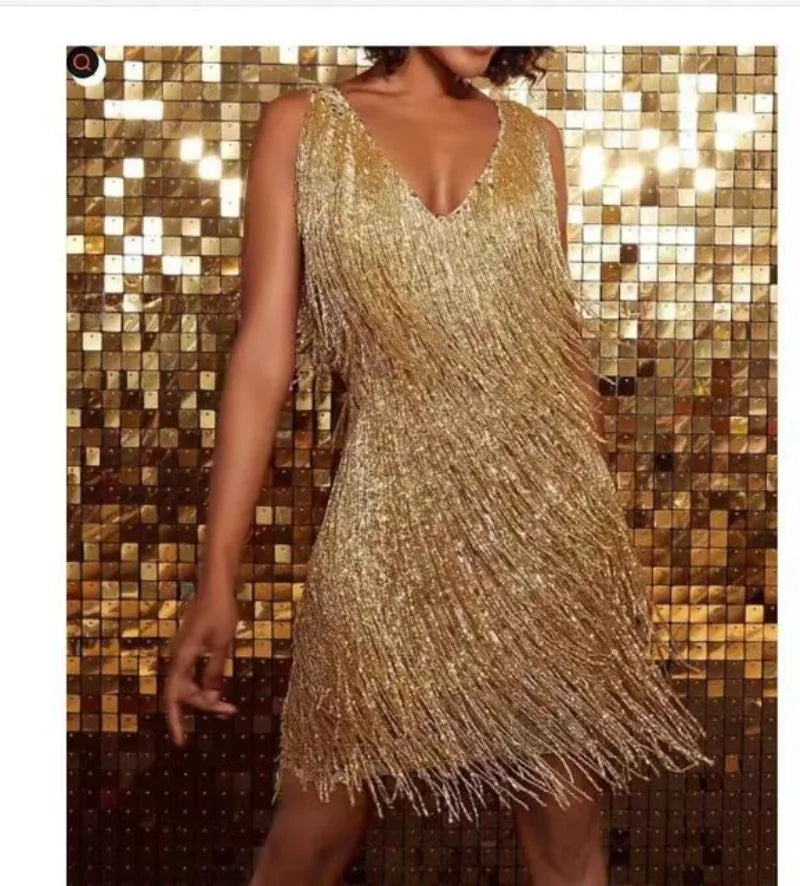 Fashion V-neck Sexy Deep Sleeveless Pencil Dresses Fringed Mid Dress for Women