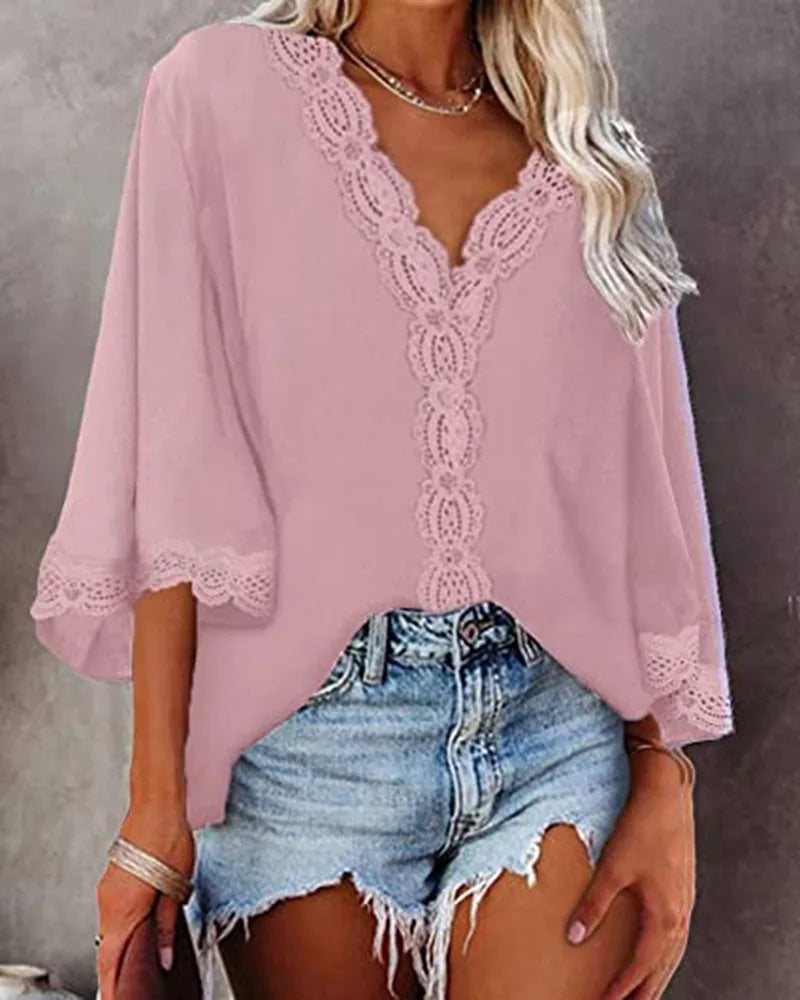 Blusa feminina de chiffon com costura de renda, decote em V, manga flare, blusa solta de verão, moda simples