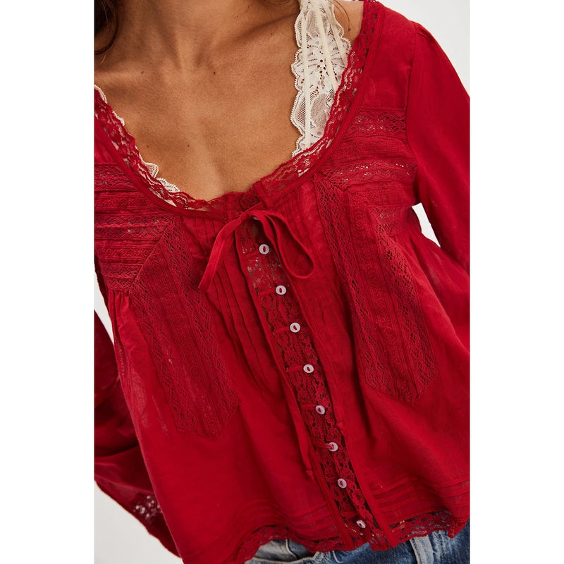 Blusa feminina Combhasaki Y2K Fairy, manga comprida, gola quadrada, patchwork de renda, amarração frontal transparente, blusa curta com botões