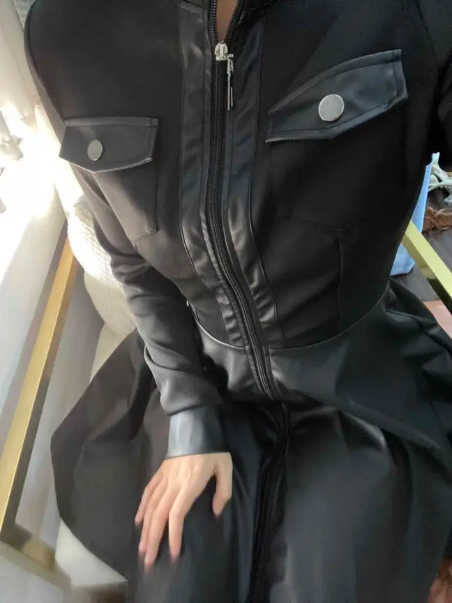 Women Long Sleeve Zipper Pocket Large Hem Faux Leather Mini Dress Women's Clothing Elegant Fashion PU Ruched Party Dress vestido