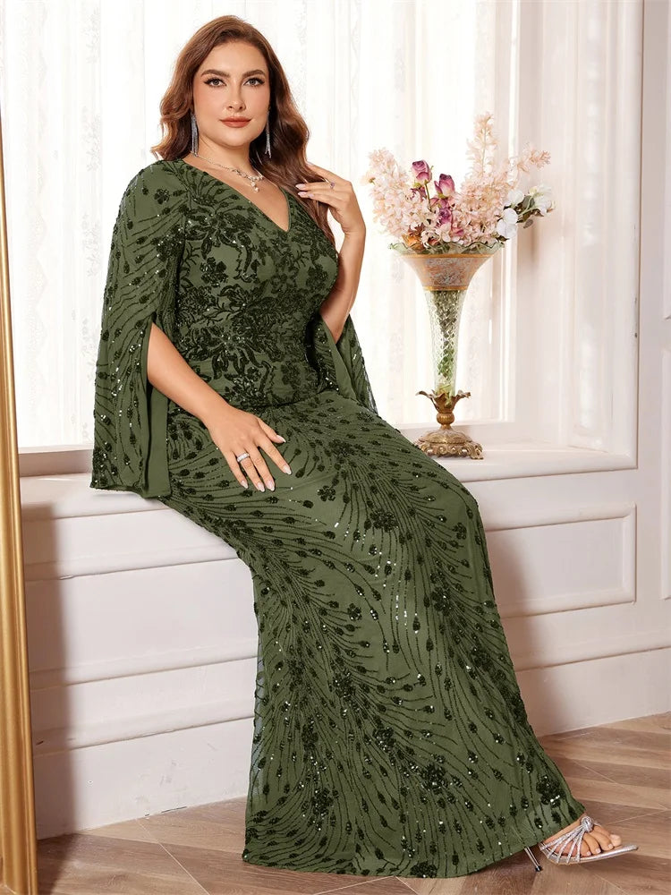 XUIBOL Plus Size Luxury Green Evening Dresses Women 2025 Long Sleeve Mermaid Formal Sequins Prom Wedding Party Cocktail Gowns