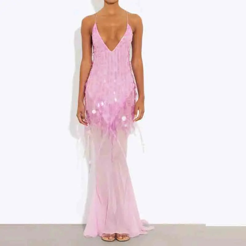 Sexy Deep V-neck Beaded Fishtail Dress Women Elegant Sleeveless Evening Dress Fashion Sequin Backless Hollow Out Slim Long Dress