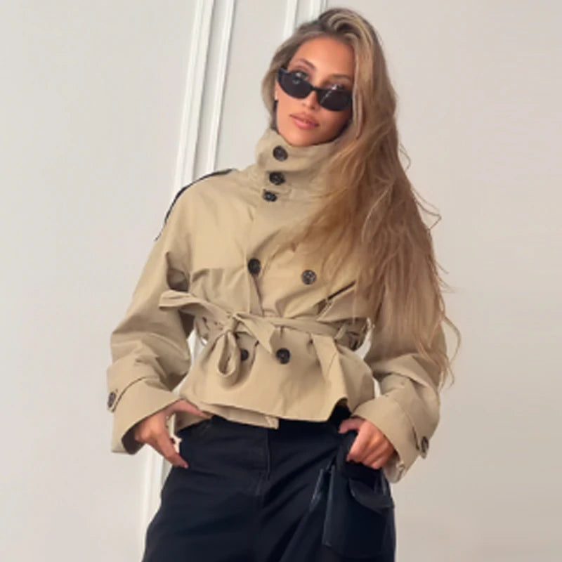 HXAO Crop Khaki Windbreaker Women's Jacket Autumn Fashion Stand Collar Long Sleeve Trench Coat Double-Breasted Belt Outerwears