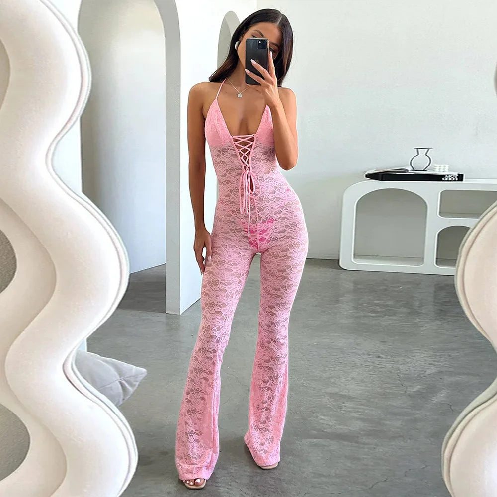 Women's New Sexy Fashion Hollow-Out Lace See-Through Backless Halter Slim Jumpsuit
