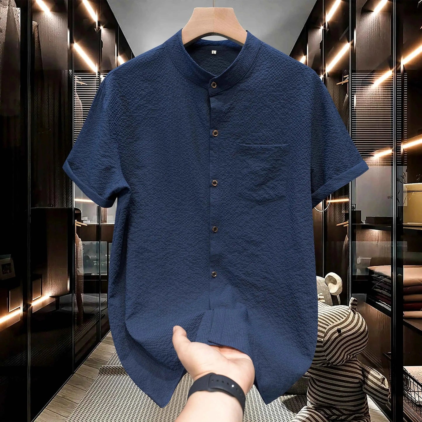 M-5XL Summer Men's Shirt Short Sleeved with Bubble Gauze Textured Fabric Thin Quick Drying Stand Up Collar Short Sleeved Shirt