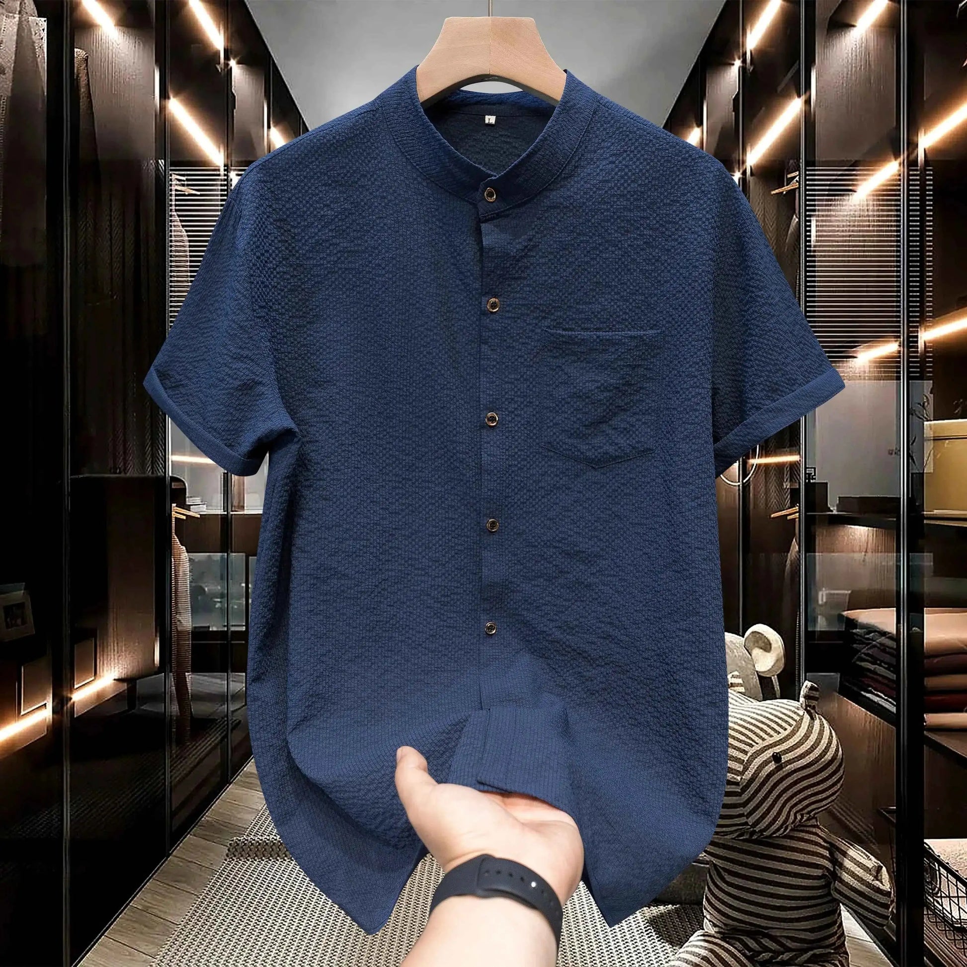 M-5XL Summer Men's Shirt Short Sleeved with Bubble Gauze Textured Fabric Thin Quick Drying Stand Up Collar Short Sleeved Shirt