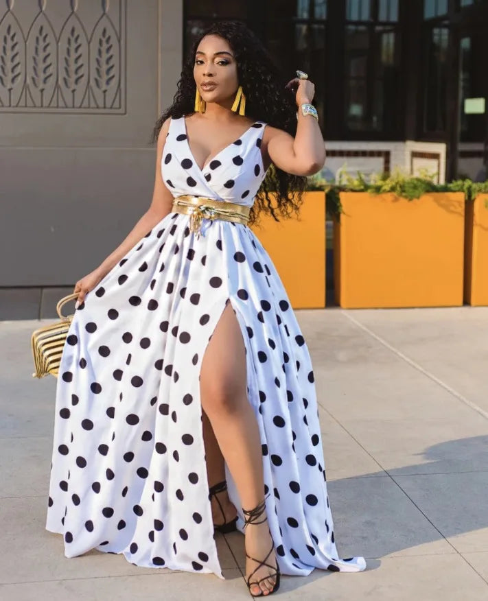 Sexy Deep V Neck Polka Dot Long Dress For Women Summer Boho Sleeveless Slim Print Side Slit Party Maxi Dresses Robe Femme